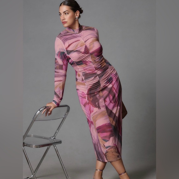 By Anthropologie Long-Sleeve Printed Mesh Midi Dress Pink Size XL - Picture 3 of 9